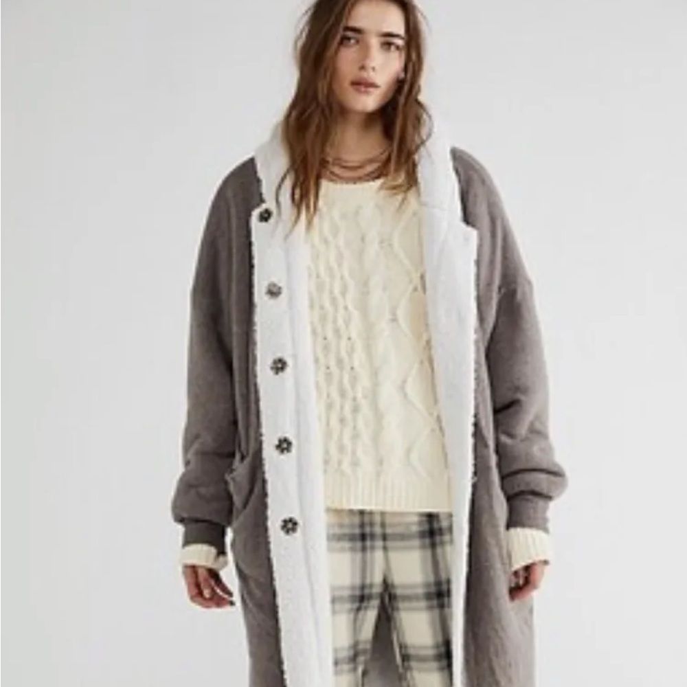 Free People North Pole Cardi Maxi Hood Coat Faux Fur Line Gray Taupe Oversized